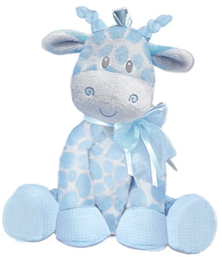 Soft blue giraffe plush toy with a cheerful face and ribbon, perfect for cuddles and nursery decor.