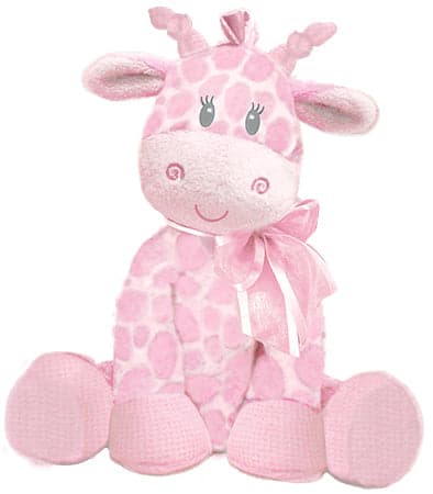 Soft pink giraffe plush toy with a cute smile and bow, perfect for cuddles and decoration.