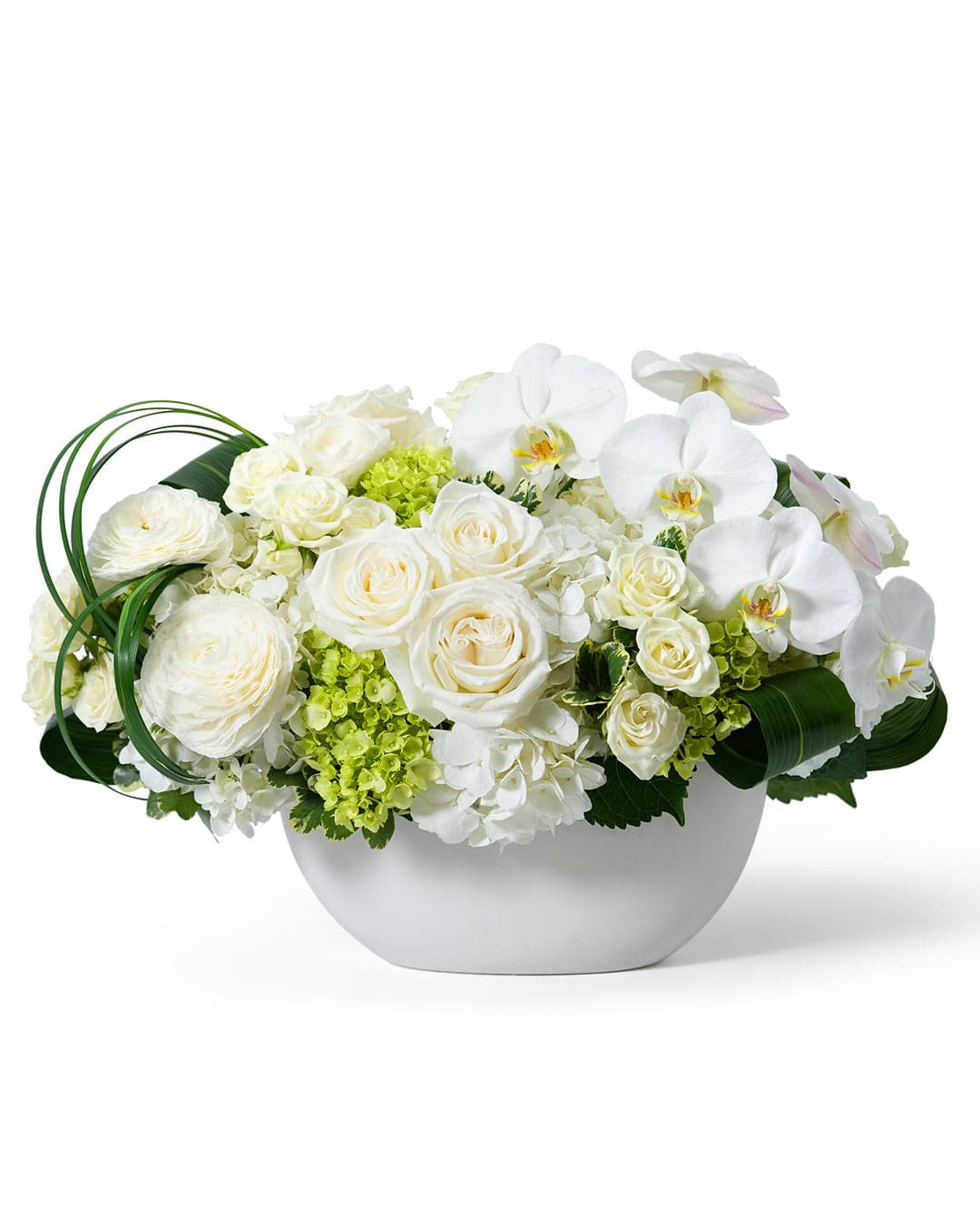 Beautiful arrangement of white roses, orchids, and green hydrangeas in a sleek white vase. Perfect for any elegant occasion.