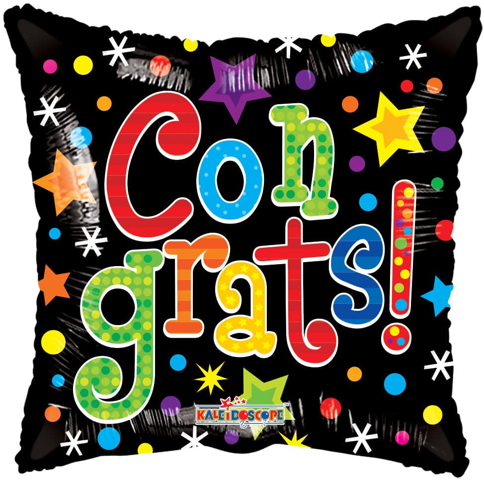 A celebratory "Congrats!" balloon with colorful letters, stars, and confetti on a black background.