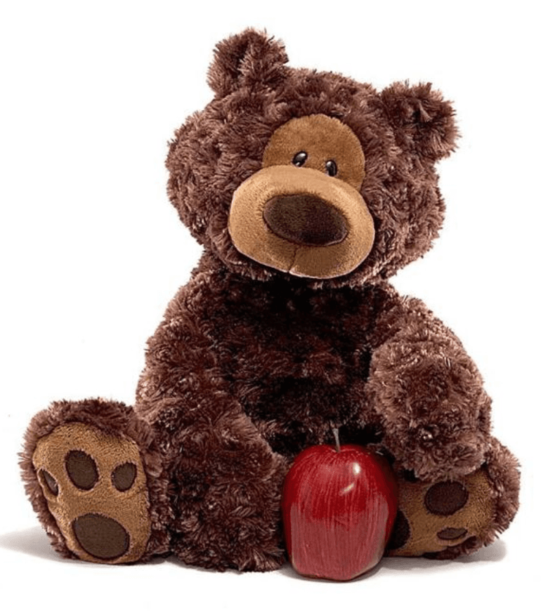 Soft and cuddly brown plush bear sitting with a red apple, perfect for children and cozy decor.