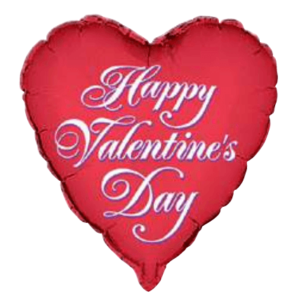 A classic red heart-shaped balloon with "Happy Valentine's Day" written in elegant white script.