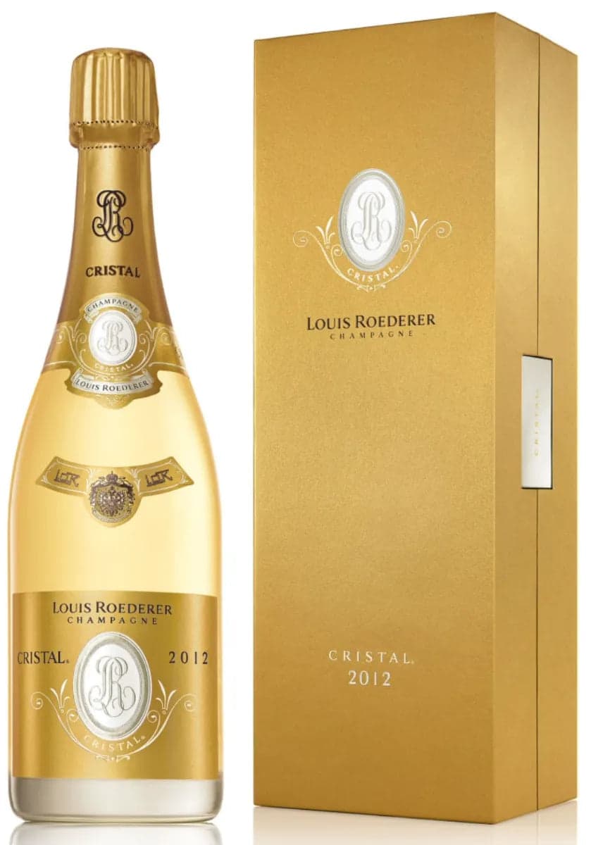 Louis Roederer Cristal 2012 Champagne, elegantly presented in a luxurious gold box. Perfect for celebrations.