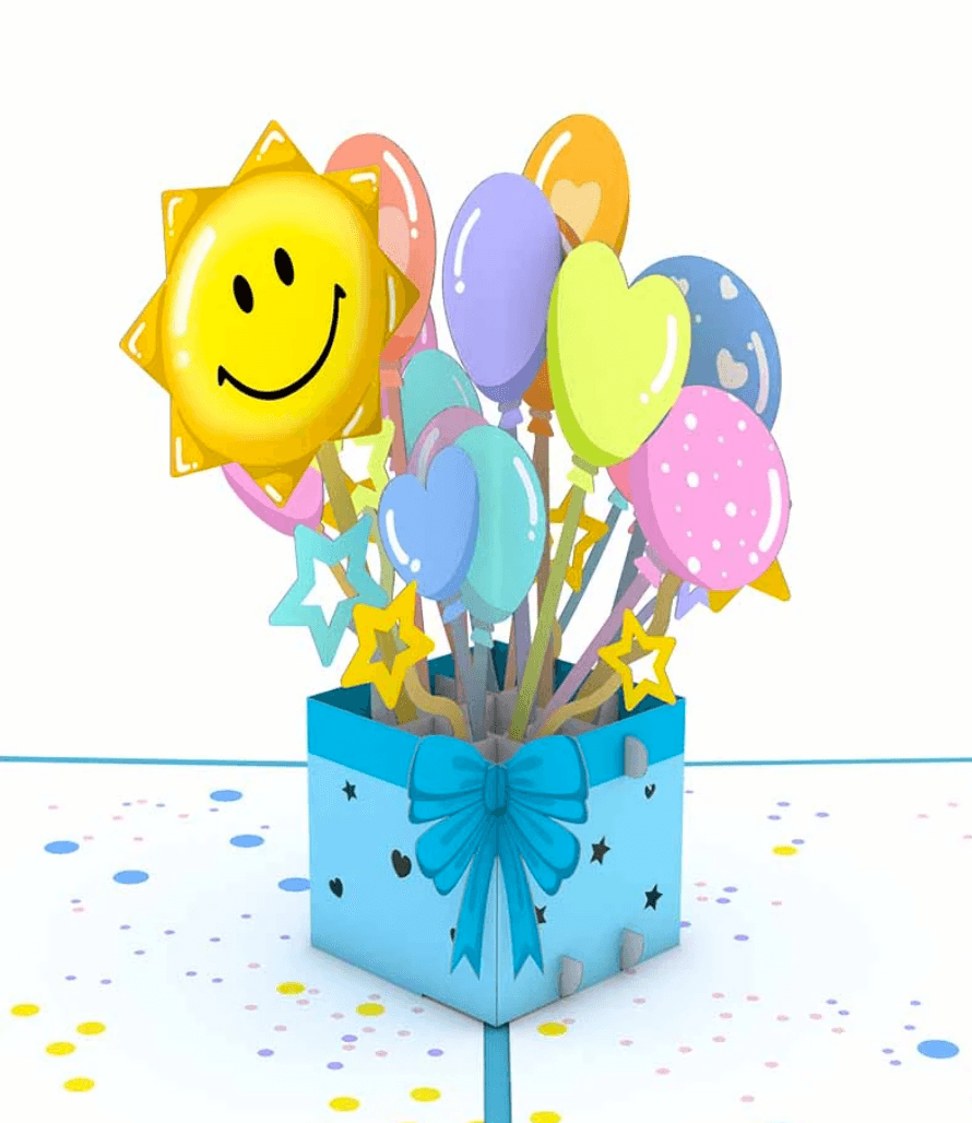 Colorful balloon bouquet with a smiling sun, perfect for celebrations in a festive box with a bow.