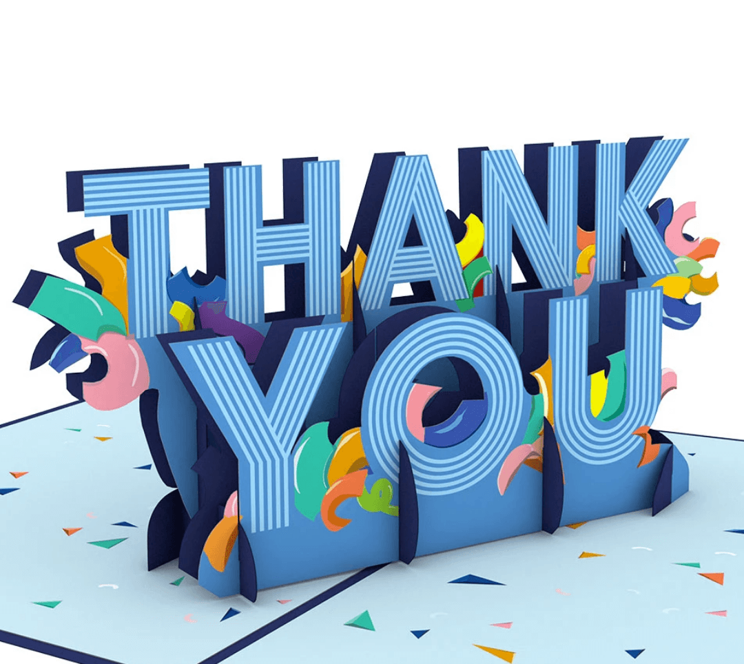 A pop-up "THANK YOU" card with blue striped letters and colorful abstract shapes.
