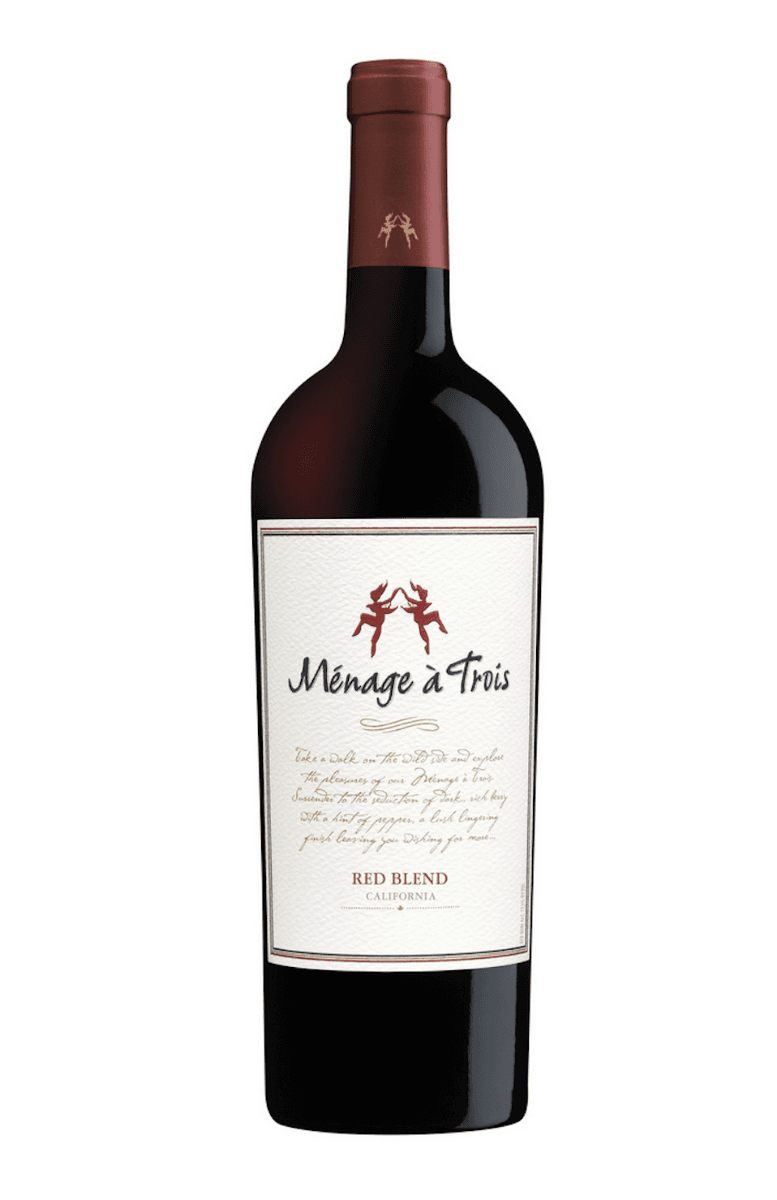 Ménage à Trois Red Blend wine bottle featuring rich flavors and a stylish label, perfect for any occasion.