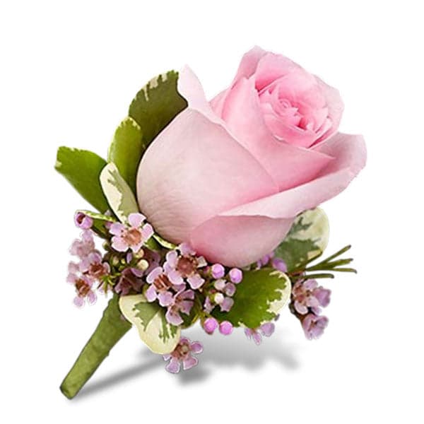 Delicate pink rose boutonniere adorned with soft greenery and petite blooms, perfect for special occasions.