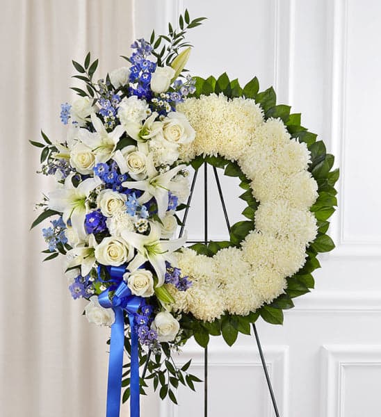 SERENE BLESSINGS WREATH IN BLUE AND WHITE