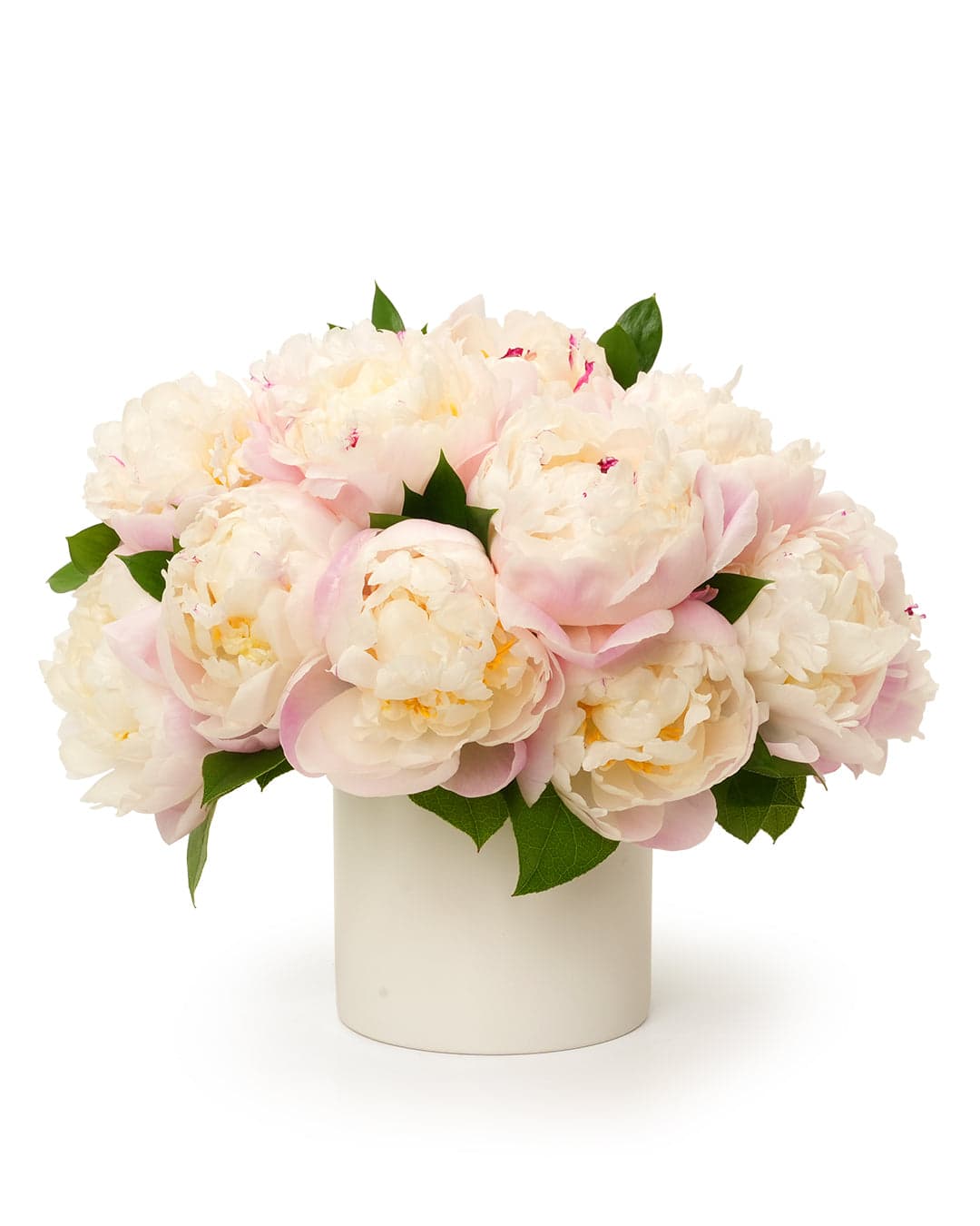 A gorgeous bouquet of soft pink and white peonies in a sleek white vase, perfect for any occasion.