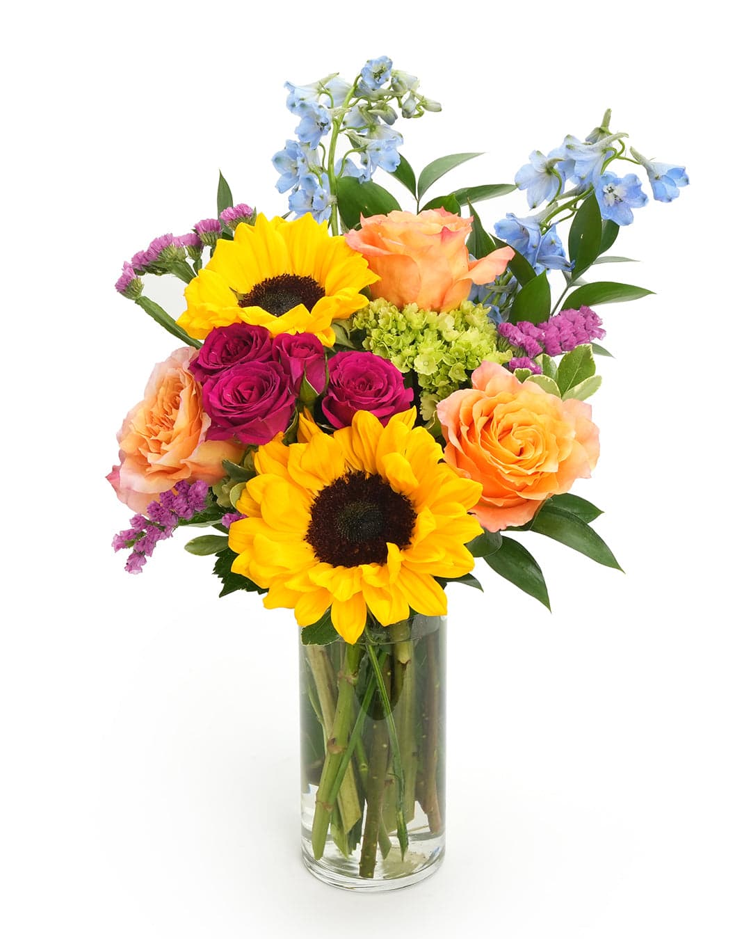 Bright mixed flower bouquet featuring sunflowers, roses, and delphiniums, perfect for any special occasion.