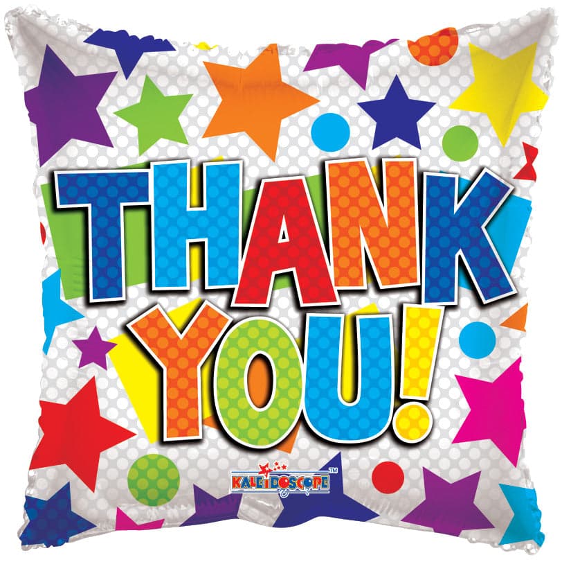 A vibrant "Thank You!" balloon adorned with colorful polka dots and stars.