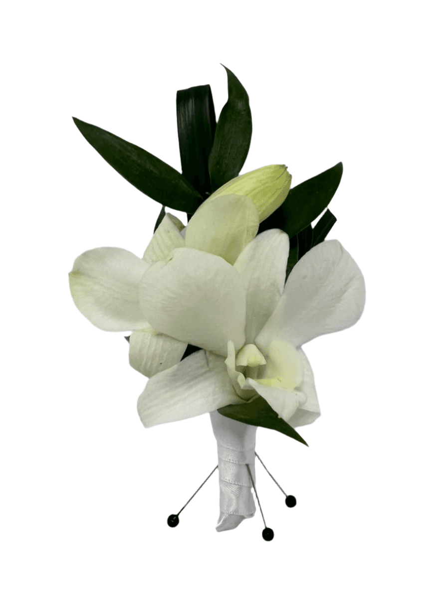 Elegant white orchid bouquet with lush greenery, perfect for weddings and special occasions.