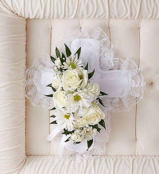 WHITE SATIN CROSS PILLOW WITH WHITE ROSE BREAK