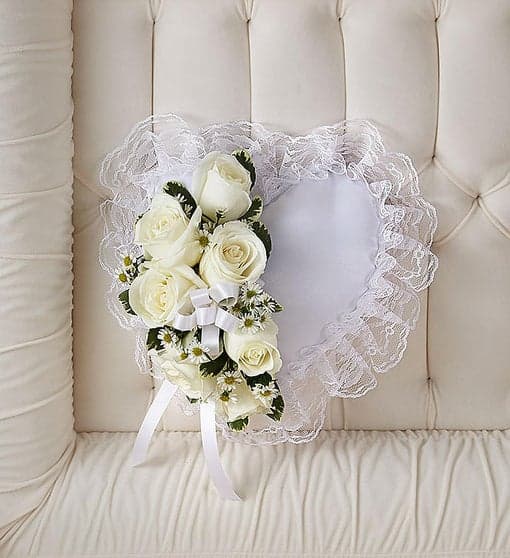 WHITE SATIN HEART PILLOW WITH WHITE ROSE BREAK